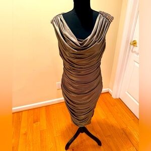 Cache Stunning Silver Metallic Dress with rhinestones on the shoulders.